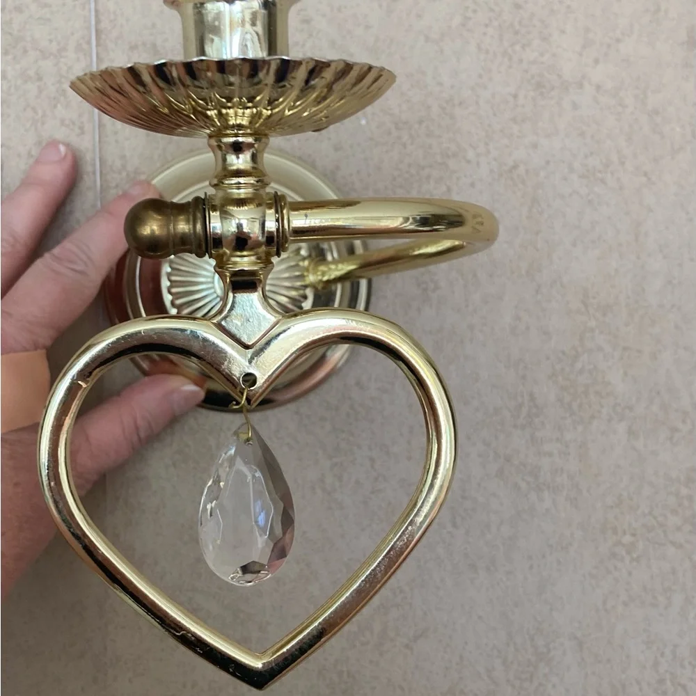 Home Interiors Gold Heart Candle Holders with Crystal Drops